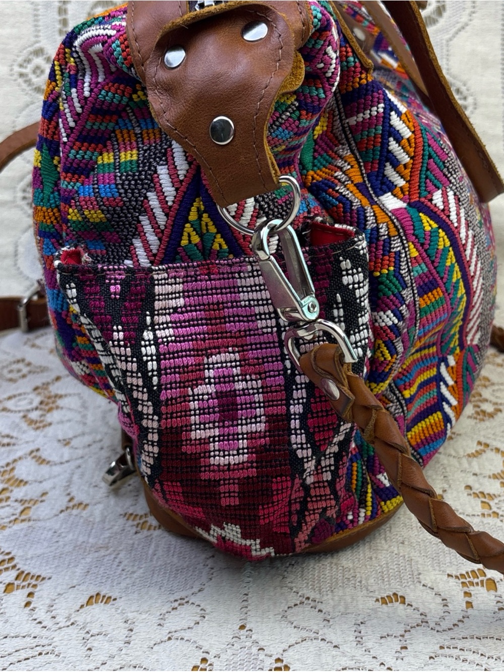 Nena & Co. Large Huipil Textile Convertible Backpack Crossbody Leather - Picture 2 of 14